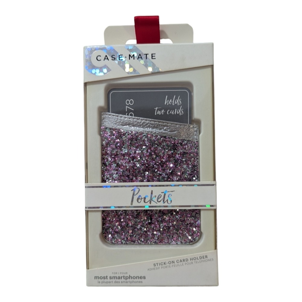 F2. Case-Mate Pockets Stick-on Card Holder - Glitter Pink Fits Most Smartphones